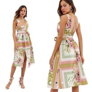 ASOS Floral Pastel Stripe V-Neck Wrap Midi Dress